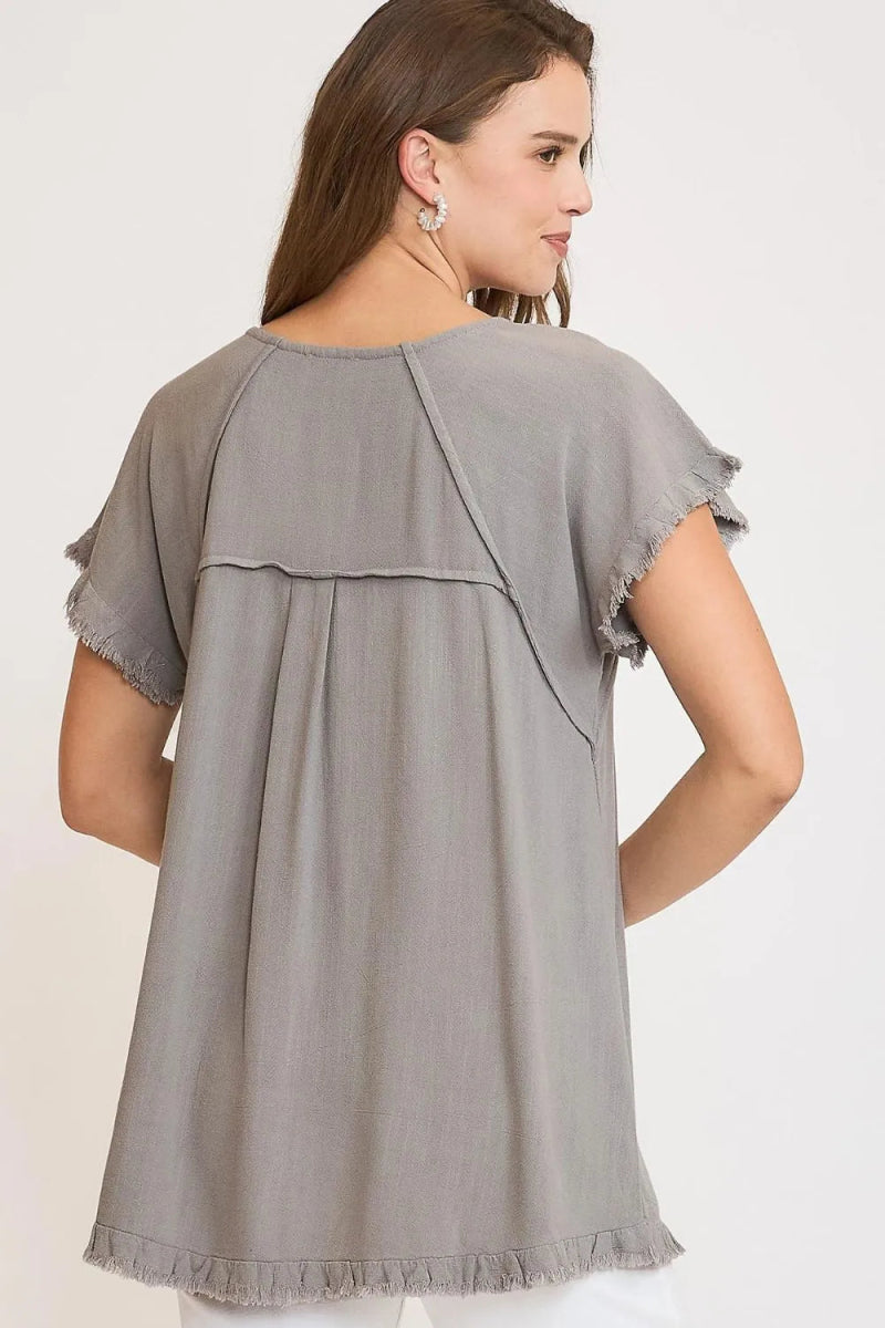 Umgee Full Size Seam Detail Linen Ruffle Fringe Edge Top Plus Size - Love Salve